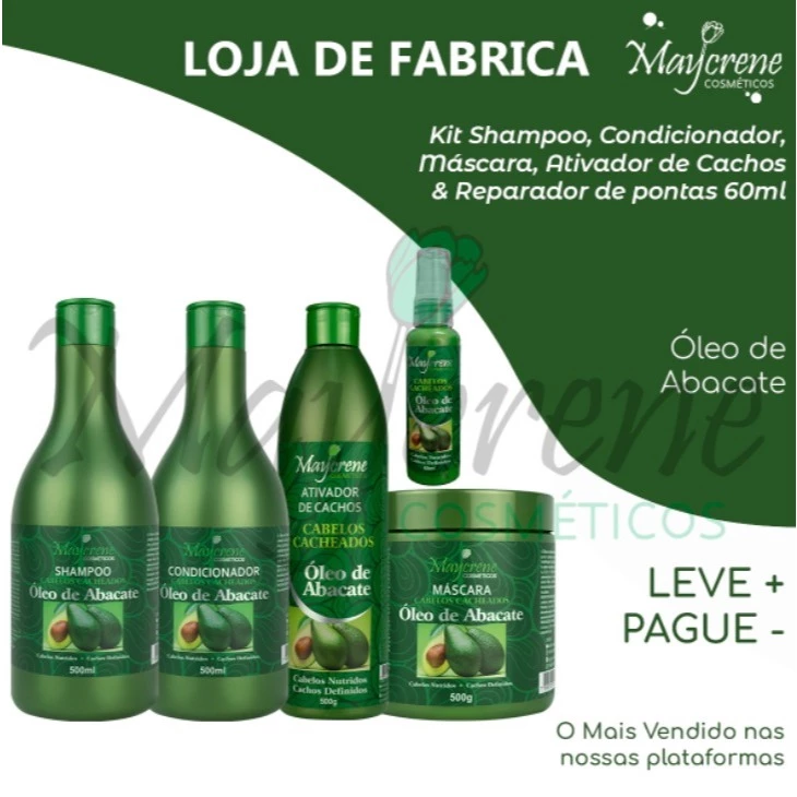 Kit Abacate Maycrene | Shampoo 500ml+ Condicionador 500ml+ Máscara 500g+ Ativador De Cachos 500ml+ Reparador 60ml