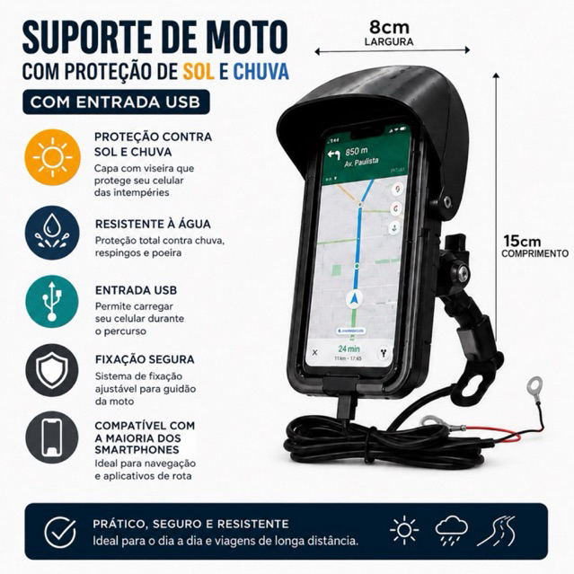 Novo Suporte Impermeável Universal Para Moto Com Entrada Usb e Proteção Contra Sol e Chuva Envio Rapido.