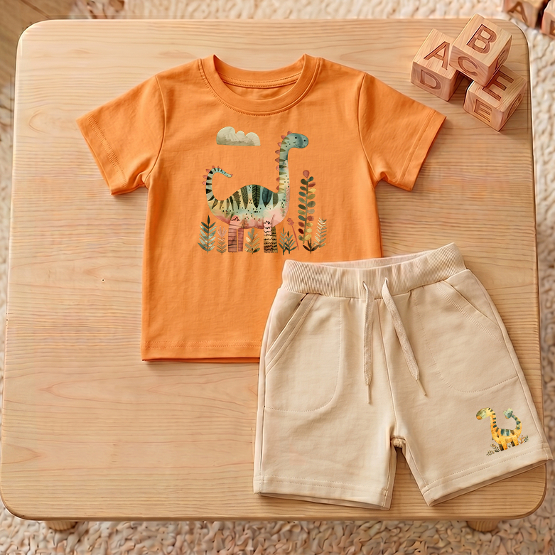 Conjunto infantil - Dinossauros - camiseta manga curta e bermuda - 100% Algodão