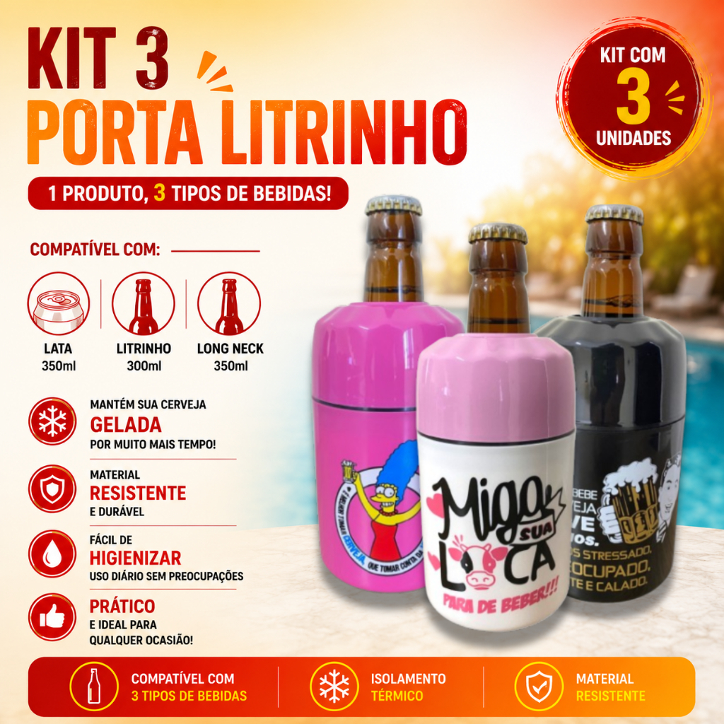 Kit 3 Porta Lata 350ml Litrinho 300ml Térmico Camisinha Cerveja Barrigudinha