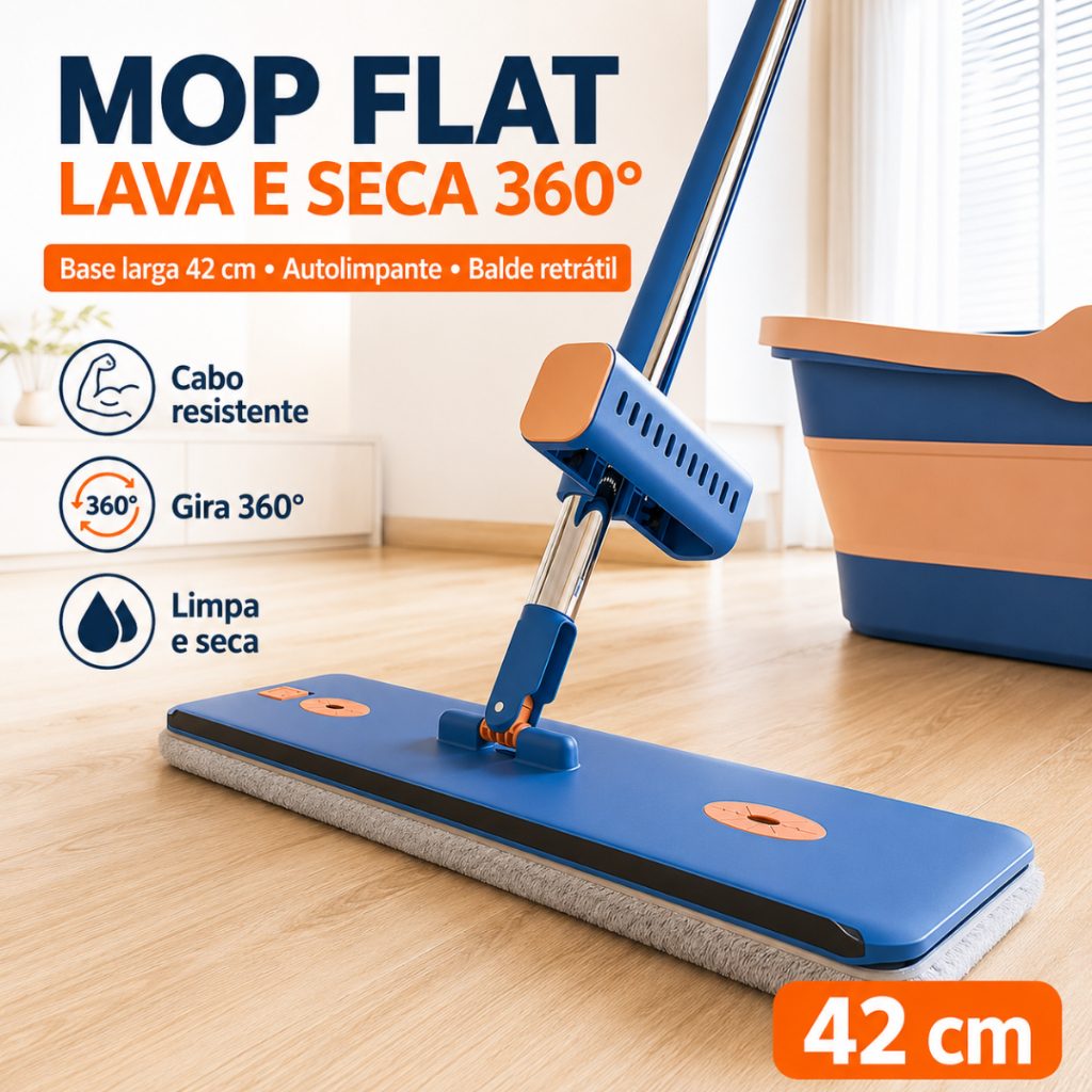 Mop Flat 42cm Com Balde Retrátil Dobrável Lava e Seca Com Refil Extra Giratório 360°