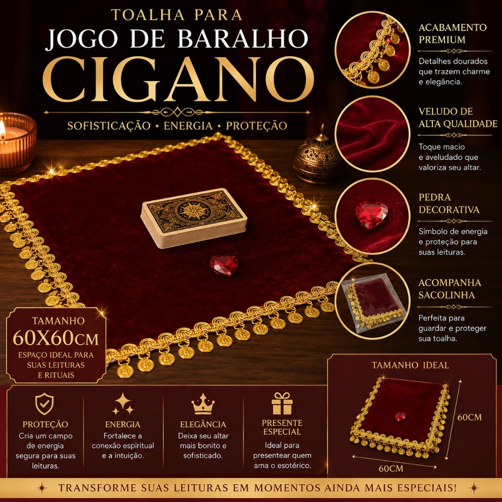 Toalha Premium para Jogo de Baralho Cigano 60x60 cm – Veludo Vermelho com Acabamento Dourado