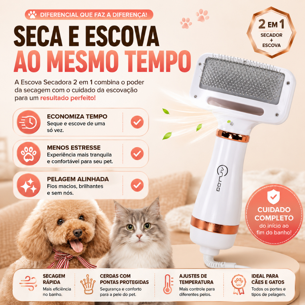 Escova Secadora Pet 2 em 1 Elétrica Secar e Remover Pelos Conforto e Praticidade Cães Gatos