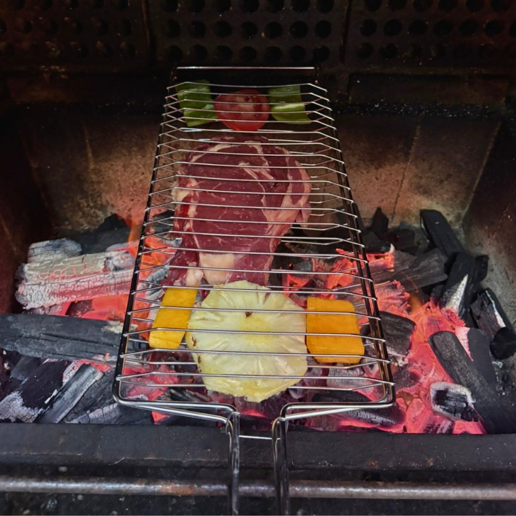 Grelha Dupla Abaulada Aço Cromado Para Churrasqueira Peixe Frango Carnes e Legumes churrasco pão de alho  linguiça milho