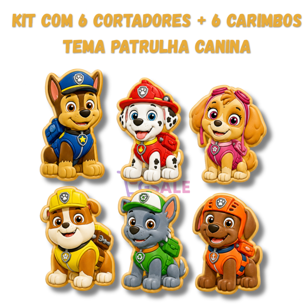 Kit com 6 Cortadores e Marcadores de Biscoito Tema Patrulha Canina para biscoito, massinha e outros