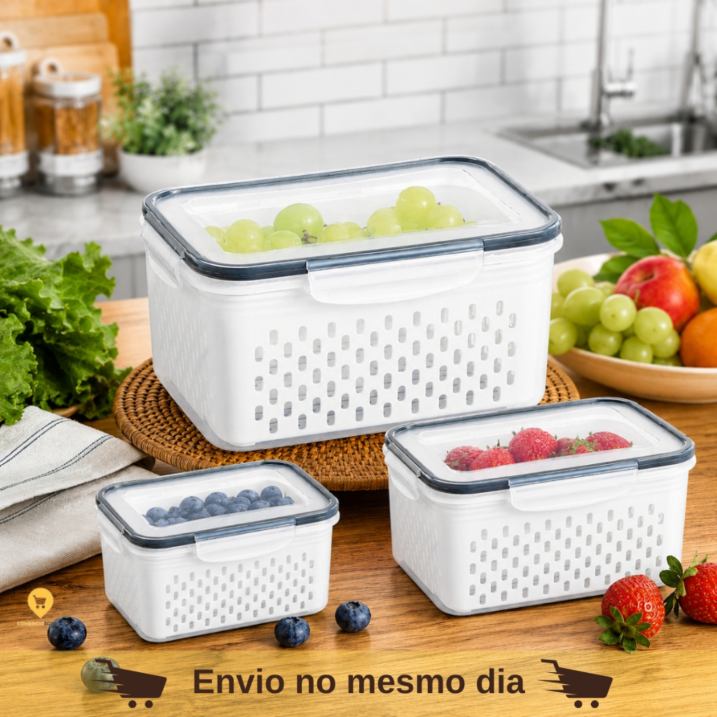 Conjunto 3 Potes Herméticos Plástico Transparente Empilhavel Com Trava Organizador de Geladeira