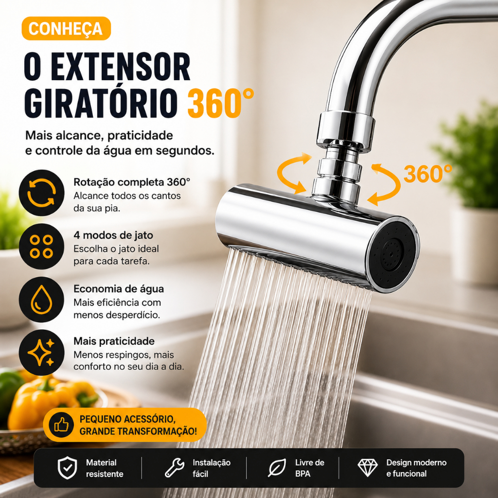 Extensor Adaptador Giratório Torneira 360° 4 Modos De Jato Anti Respingo Economiza  Água Universal