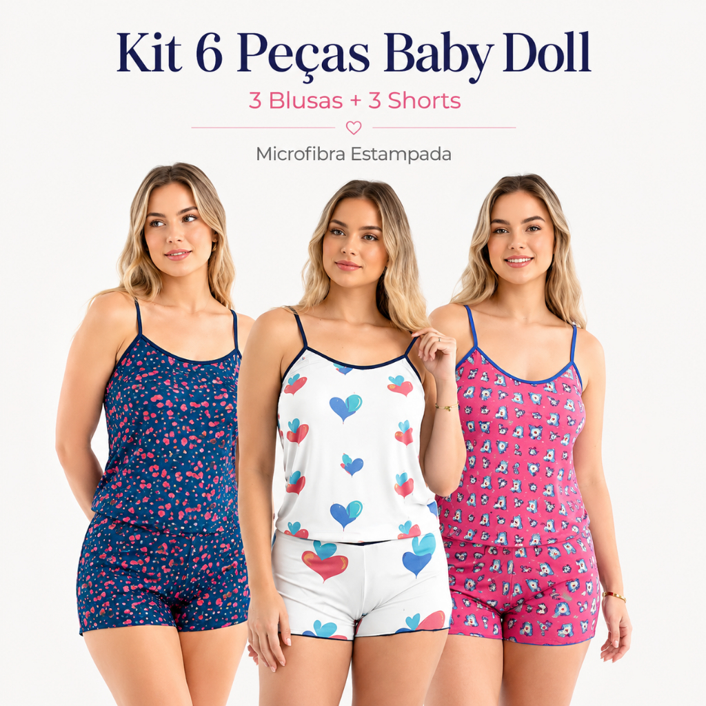 Kit 3 ou 2 Pijama Short Dool Baby MICRO ESTAMPADO Feminino Roupa De Dormir Linha Noite