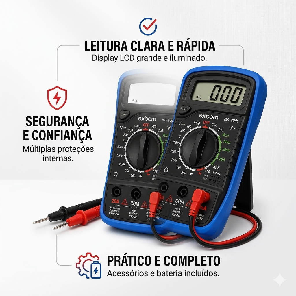 Multímetro Digital Exbom MD-200L LCD Profissional Voltímetro Amperímetro 20A Continuidade