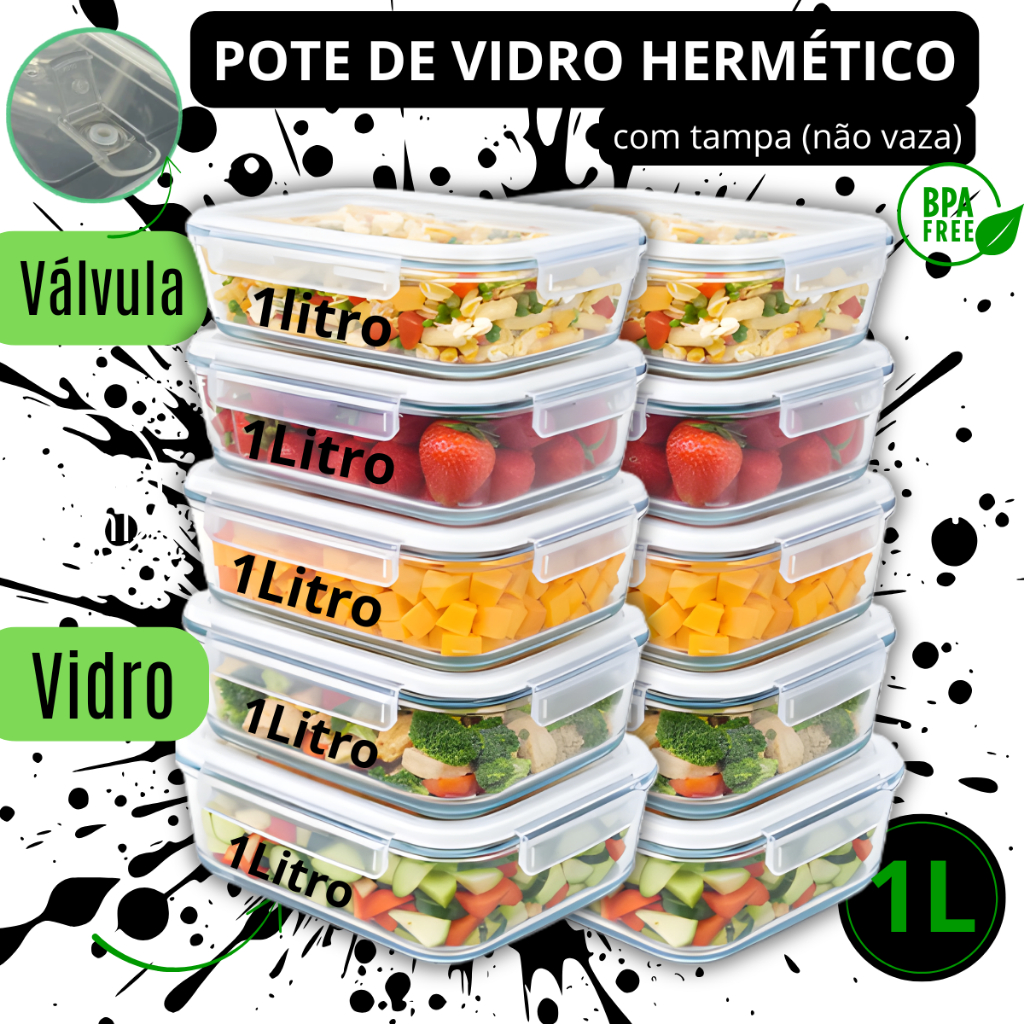 Kit Pote Vidro Hermético 1 Litro com Valvula Suspiro Marmita Air Fryer Freezer Microondas