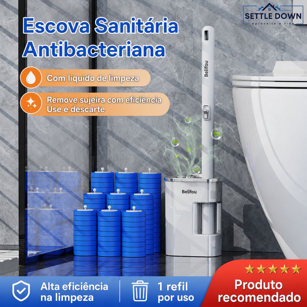Escova de Vaso Sanitário Descartável com Refil Suporte de Parede para Limpeza de Banheiro