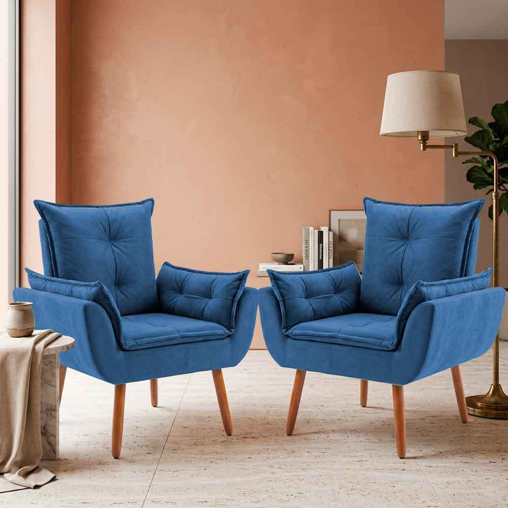 2 Poltronas Cadeiras Decorativa Luxuosa Pés Palito Madeira Suede Cinza Chumbo