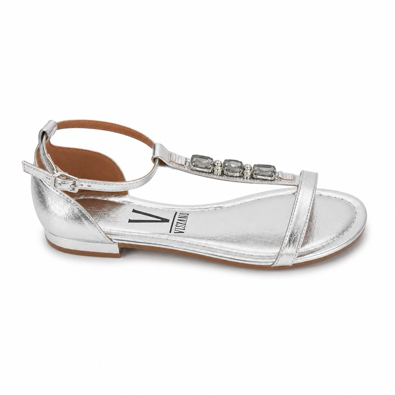 Sandália Feminina Vizzano Rasteira Pedrarias Tiras Finas Ankle Strap Fivela Confortável Casual Elegante