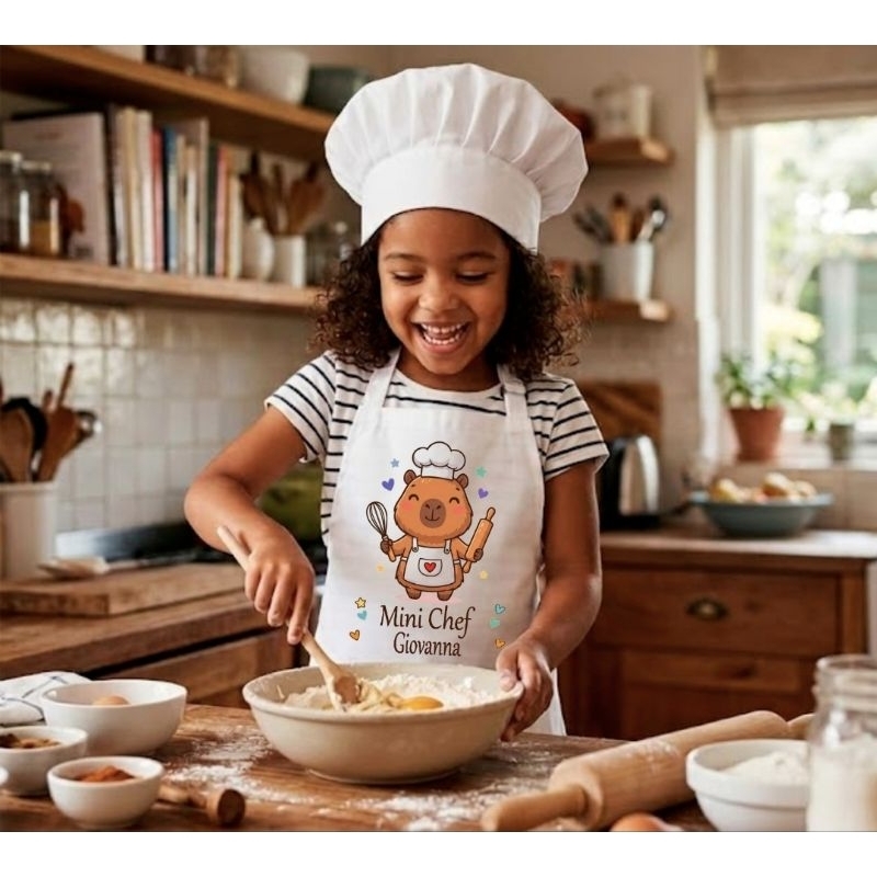 Avental Infantil Coloque Seu Nome Aqui + Touca Chef Branca