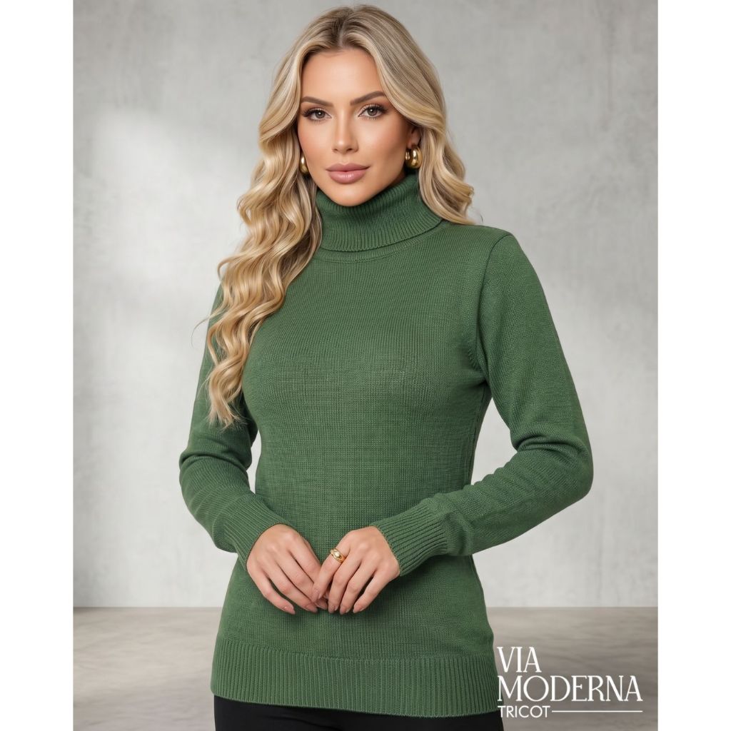 Blusa Cacharrel Feminina Tricot Manga Longa Gola Alta Elegante Canelada Tricô Moda Inverno