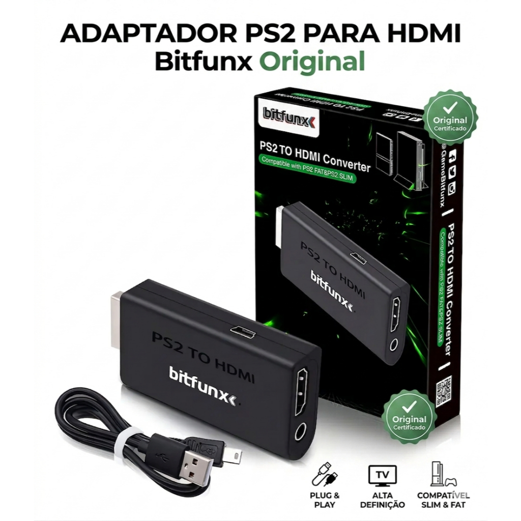 Adaptador HDMI Bitfunx Original | Compatível com PS2 e PS3