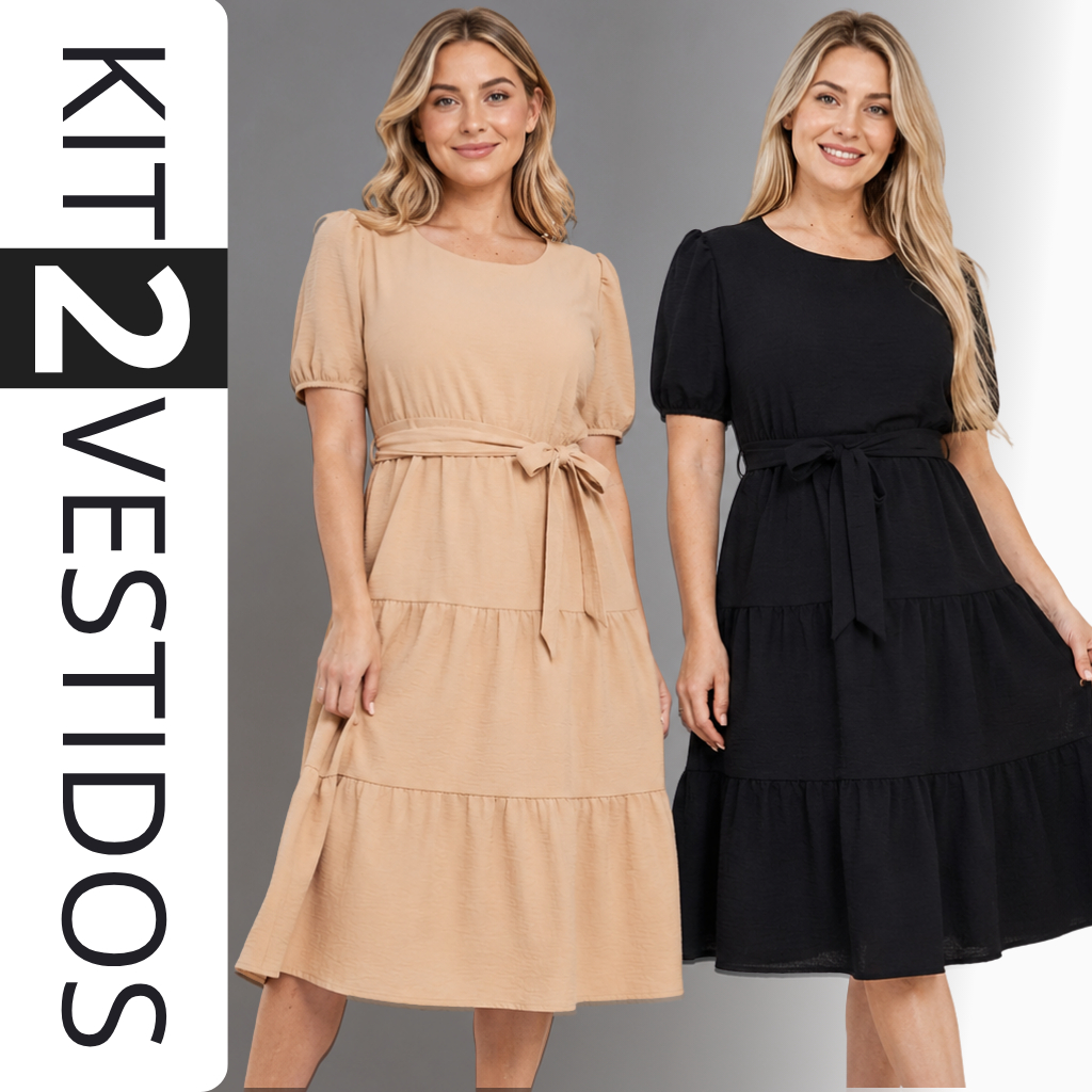 Kit 2 Vestidos Camadas Longo Conforto Social Casual Com Manga Princesa Bufante Modesto