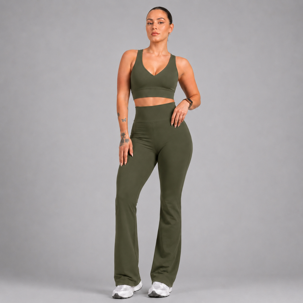 Conjunto Feminino Fitness Calça Flare Bailarina + Top Decote V  Zero Transparência Ideal Dia a Dia