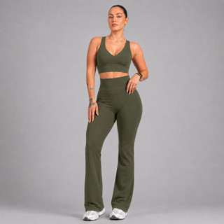 Conjunto Feminino Fitness Calça Flare Bailarina + Top Decote V  Zero Transparência Ideal …