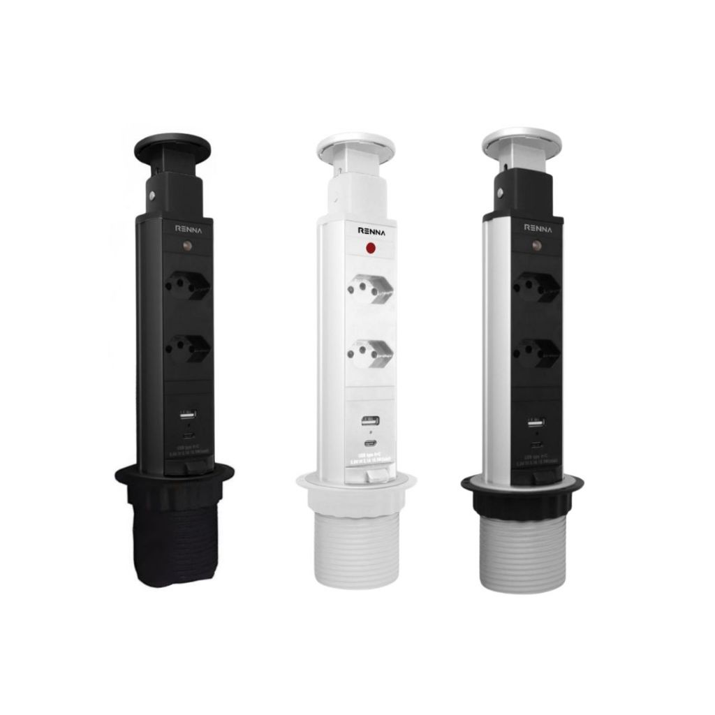 Torre de Tomadas 14A Bivolt com 2 Tomadas 2 USB Cabo 1,5 m Renna Preta Branca ou