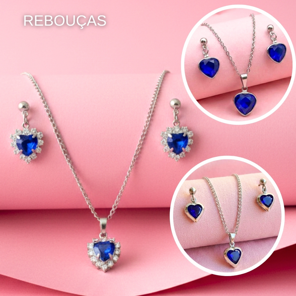 Colar Kit Com Brincos Coração Aço Inox Azul Hipoalérgico 45cm