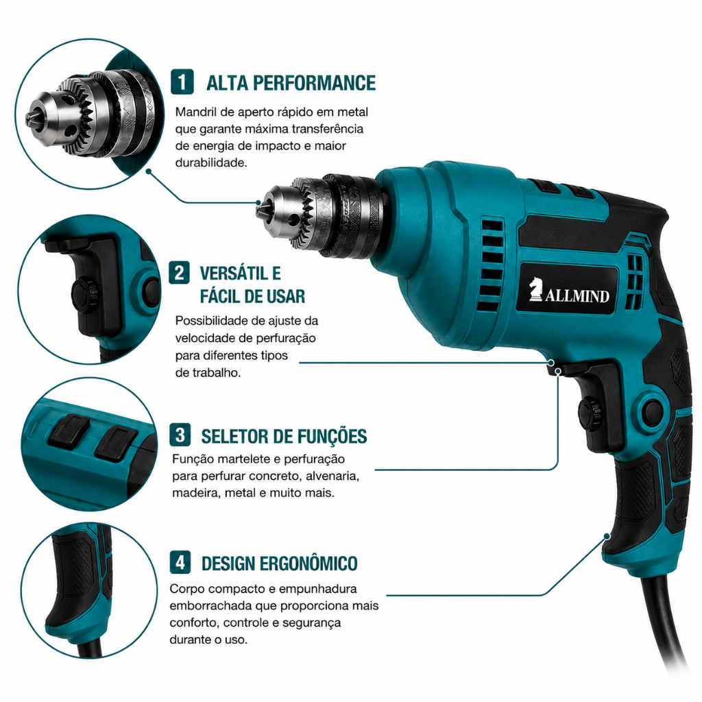 Furadeira eletrica 10mm Impacto Nakasaki 850w profissional l Reversível com Velocidade Variável · foto 2