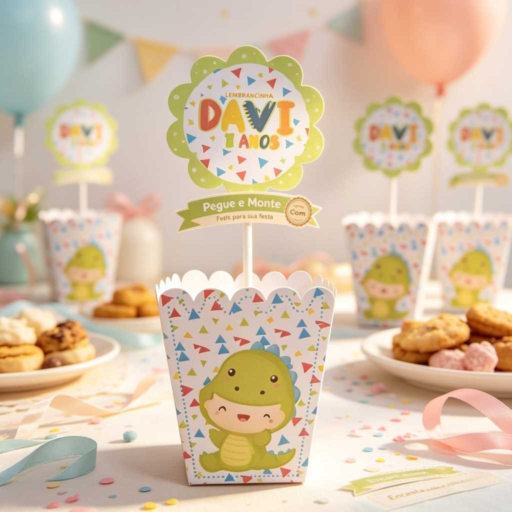 Centro de Mesa Cachepô Personalizado Dinossauro Baby Festa Infantil, Lembrancinha Criativa, PEGUE E MONTE
