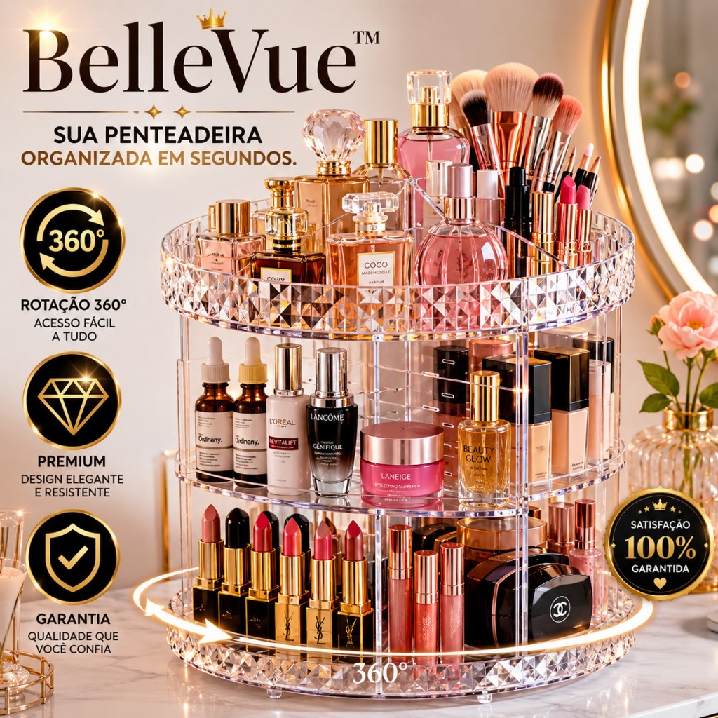 BelleVue™ Organizador Giratório de Maquiagem 360° Porta Cosméticos Acrílico Ajustável para Perfumes, Skincare e Pincéis