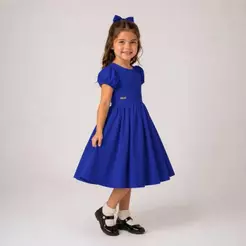 Vestido Infantil Menina Rodado - Liso Azul Royal - Casual, Batizado, Festas, Formatura, Aniversário e Casamento