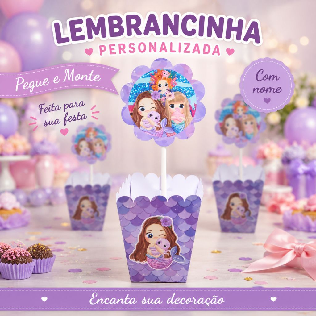 Centro de Mesa Cachepô Personalizado Sereia Festa Infantil, Lembrancinha Criativa, PEGUE E MONTE