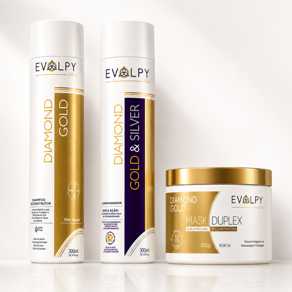 KIT DIAMOND GOLD | SHAMPOO, CONDICIONADOR E MÁSCARA - EVOLPY LISS - ALISA, HIDRATA E NUTRI