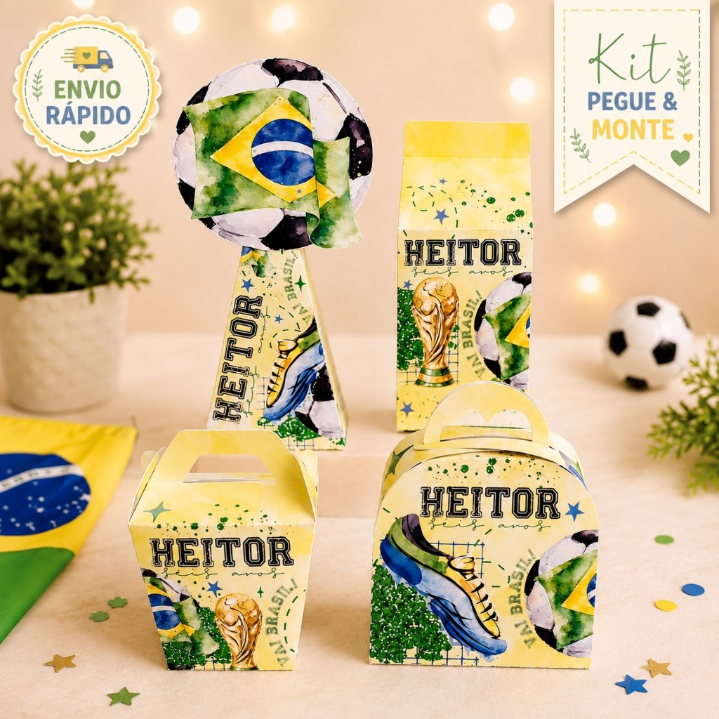 Kit Festa Brasil Copa 2026 Hexa | Papelaria Personalizada | Caixinhas Pegue e Monte | Lembrancinhas Futebol
