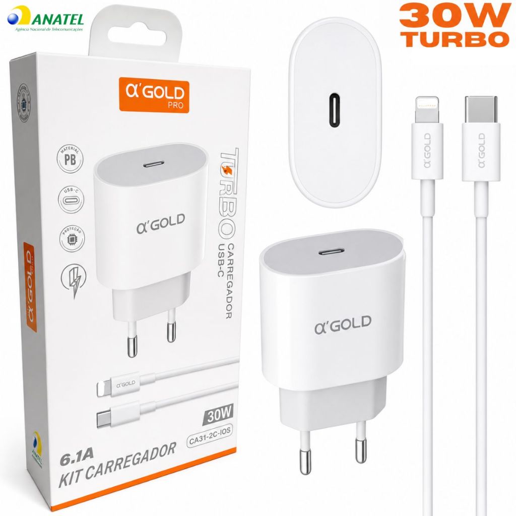 Carregador Turbo 30W USB-C PD + Cabo USB-C para Lightning 6.1A iPhone A'Gold Pro