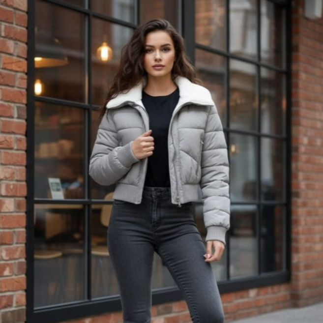 Jaqueta Puffer Cropped Feminina Com Pelinho Gola Tipo Lã