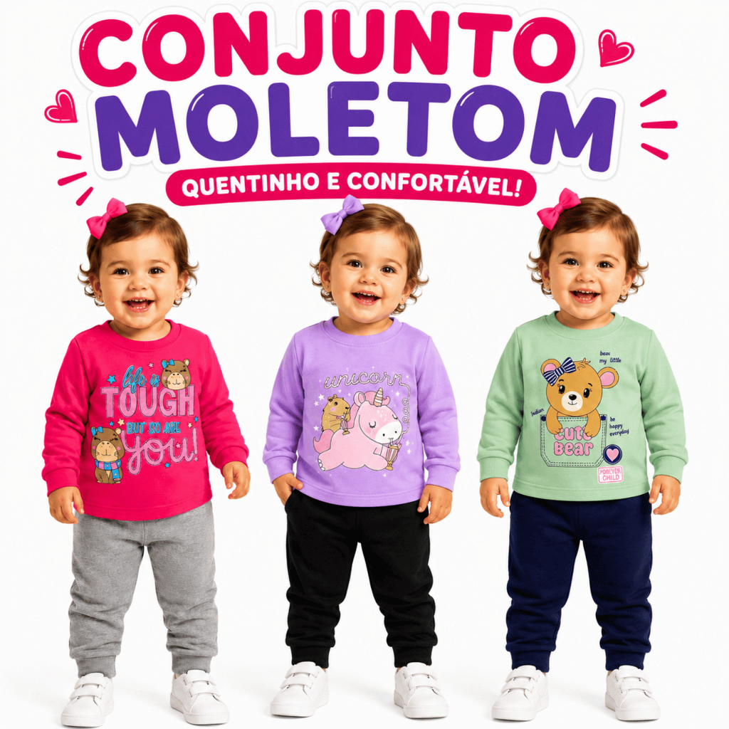 Conjunto Quentinho Moletom Bebê Infantil Menina Inverno Manga Longa Tam 1 ao 8 Roupa Infantil Inverno