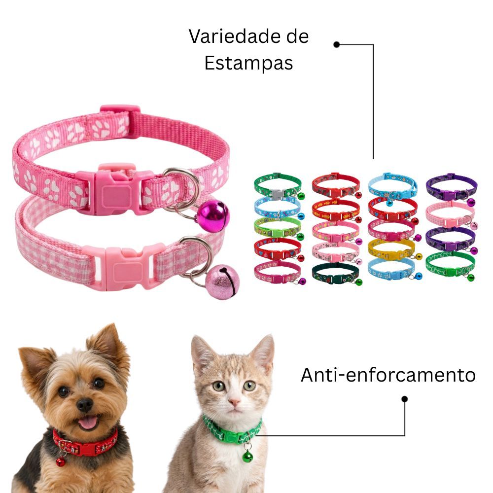 Coleira Anti-Enforcamento Estampas Fofinhas Ajustável Com Fivela De Segurança Gato e Cachorro