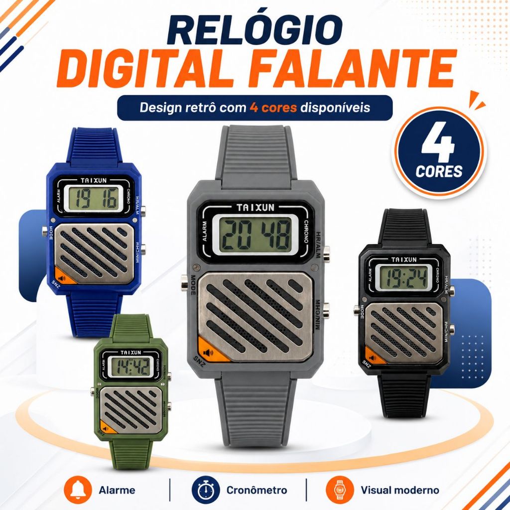 Relógio De pulso auto falante Taixun Unissex Pulseira Silicone, anúncia e fala as horas