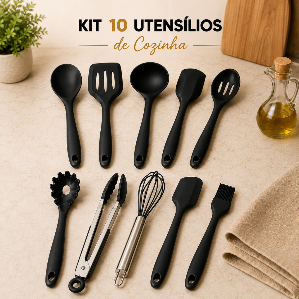 Utensilios de Cozinha Silicone Kit com 10 Peças Jogo Completo Conjunto Colher Concha Espatula Preto