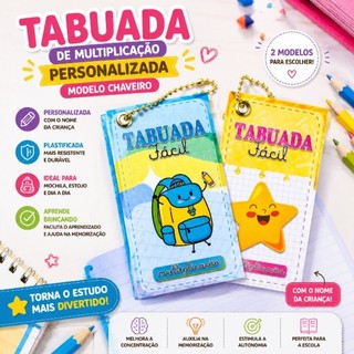 Tabuada de multiplicação plastificada personalizada/ chaveiro para mochila/menina e menino