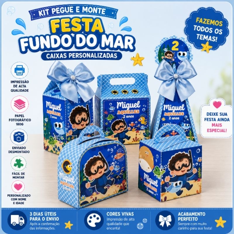 Kit Festa Personalizado| Fundo do mar | Mergulhador|Pegue e Monte | Caixinhas Personalizadas |Todos os Temas|Aniversário