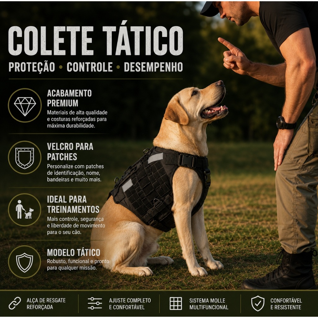 Colete Peitoral para Cachorro - Colete Tático – Ajustável e Reforçado - Qualidade Premium