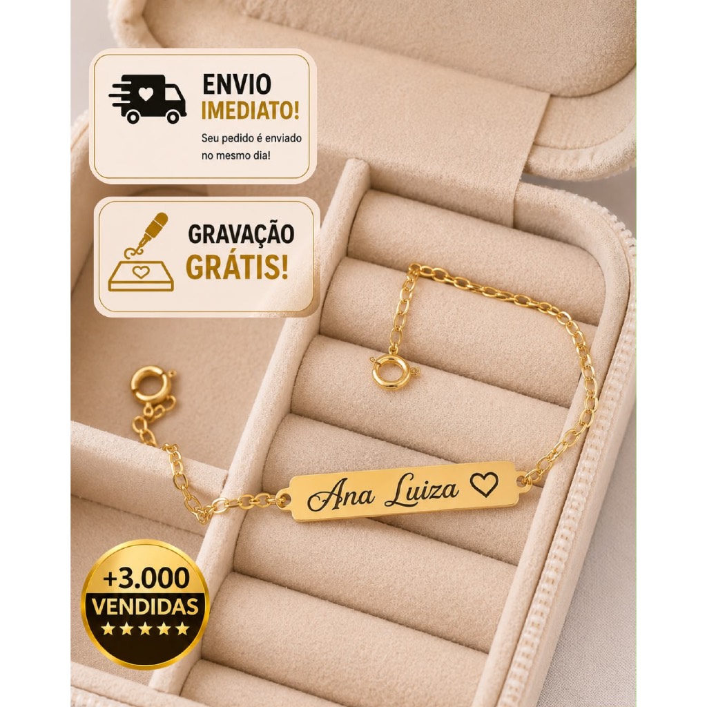 Pulseira Infantil RN Bebê Personalizada Com Gravação Nome Banhada a Ouro 18k