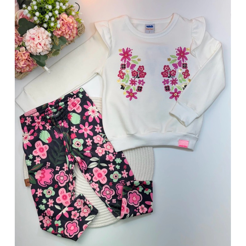 Conjunto Infantil Menina Blusa de Moletom Off White Estampada e Calça Legging Preta Estampada Marlan