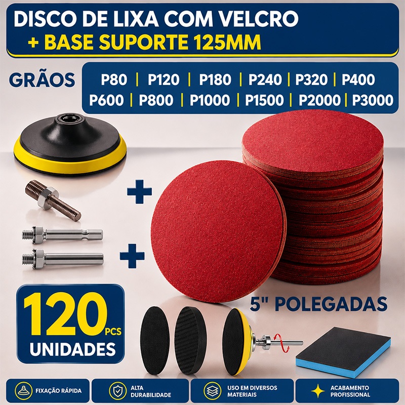 Kit Base + 120 Disco Lixa Velcro Sem Furos Roto Orbital Lixadeira para Ferro, Metal, Massa e Madeira 125mm