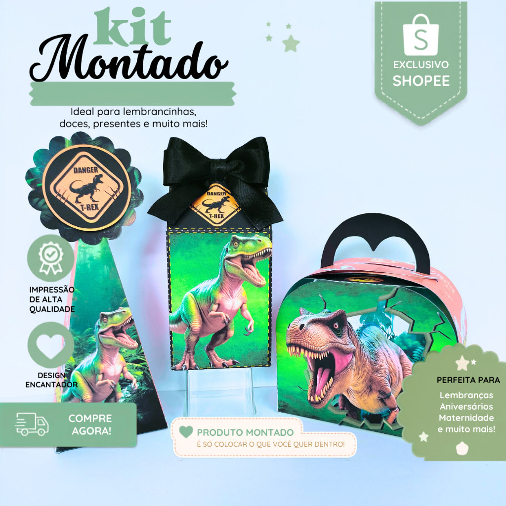 Kit Lembrancinhas Dinossauro Personalizadas | Caixa Milk, Pirâmide e Bolsinha | Festa Dinossauro Infantil Menino, Festas