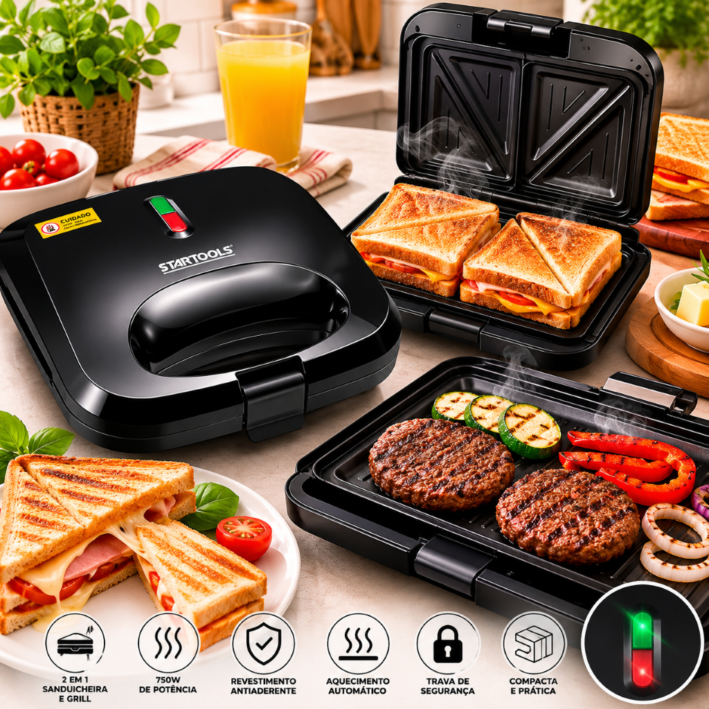 Sanduicheira Grill Pressao Dupla Multifuncional 750w Antiaderente 220v Cozinha