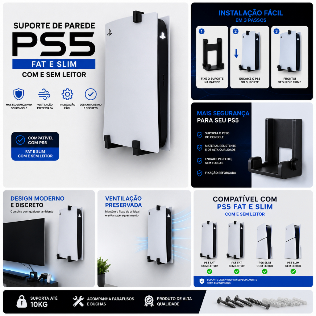 Suporte de Parede para PS5 Slim e FAT | Com e Sem Leitor | Instalação Fácil