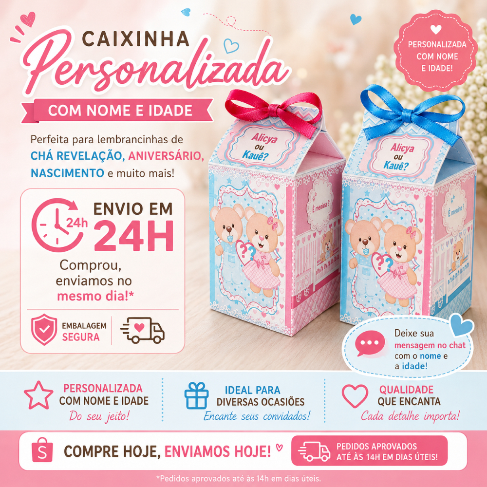 Kit Caixinhas Milk Personalizada Festa Ursinhos Chá Revelação azul e rosa