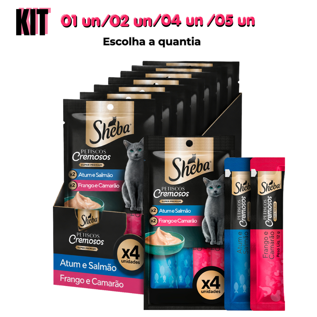 Churu Sheba Petisco Cremoso Atum e Salmão & Frango e Camarão para Gatos 1,2 e 4 pacotes com 4 un cada pacote