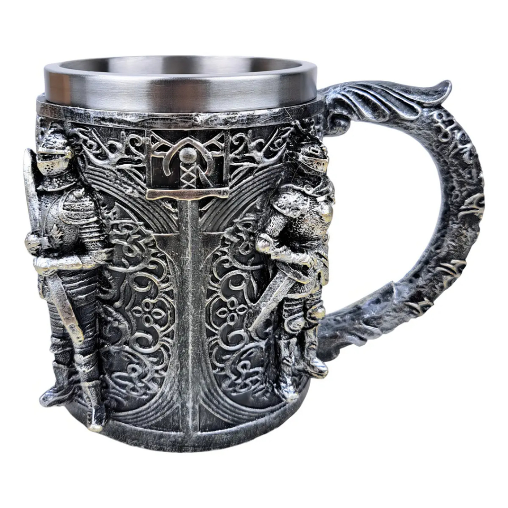 Caneca Medieval Artesanal Resina Copo Aço Inox Grande Térmico Chopp Cerveja Cavaleiro Templário